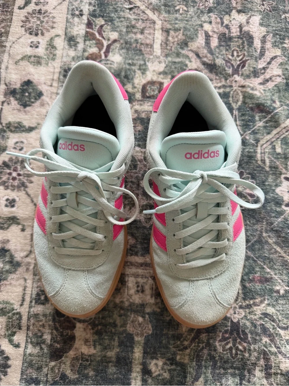 adidas Mint Green Suede Sneakers with Pink Stripes